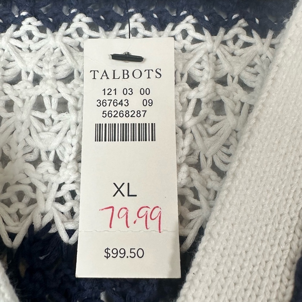 Talbots Open Knit Johnny Collar Pullover Striped Navy White XL Coastal Nautical - Picture 9 of 11
